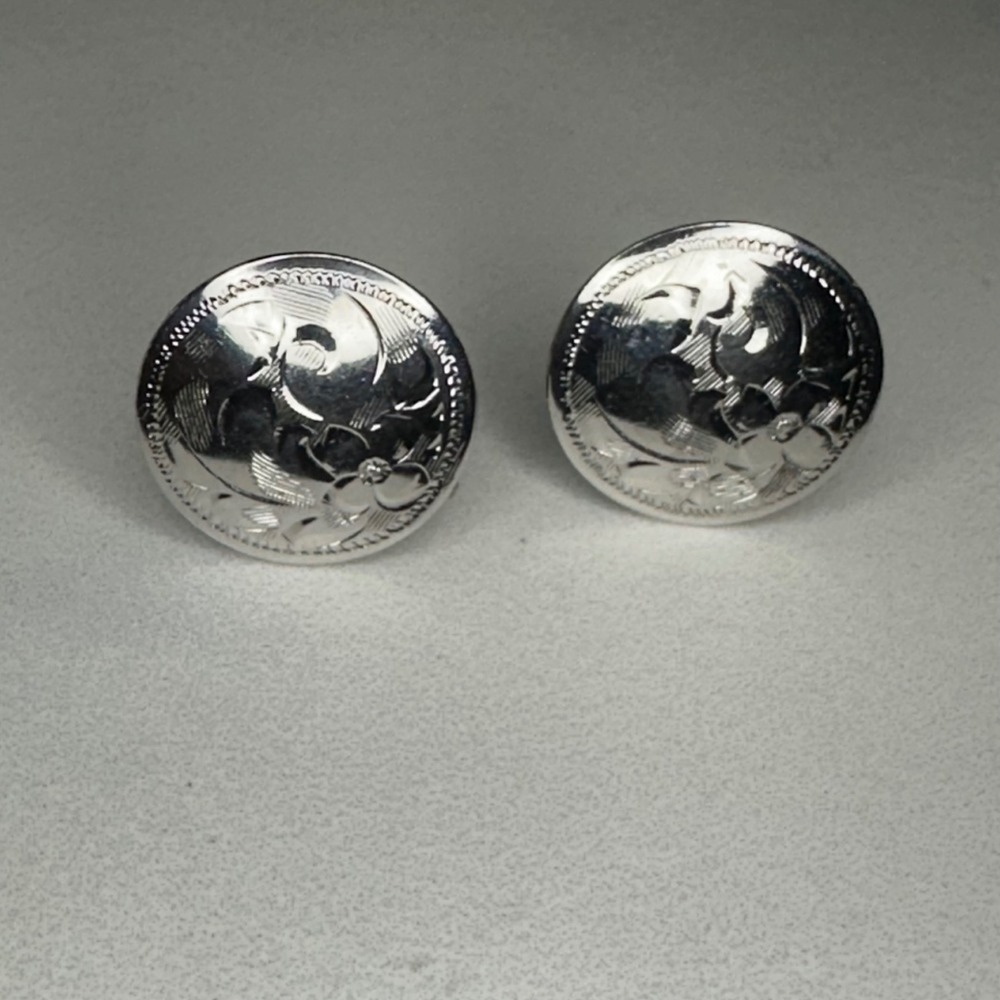 Vintage Sterling Silver Screw Back Clip On Floral Engraved Round Earrings